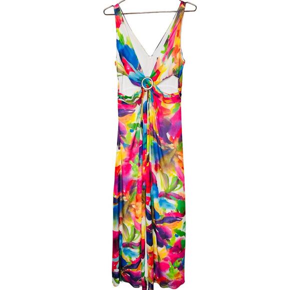 LIV FOSTER Tie Dye Multicolor Floral Abstract Side Cutout A-Line Gown Size 10 - Picture 4 of 16